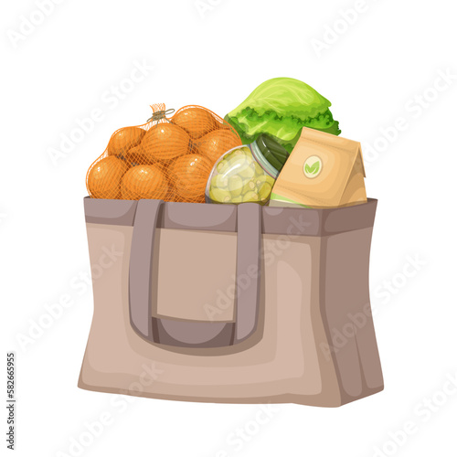 Fabric eco bag with food vector illustration. Cartoon isolated reusable cloth handbag full of various grocery products for cooking meal at home, canvas shopper bag with handles and zero waste pouch