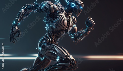 Running robot with futuristic design. Generative AI	