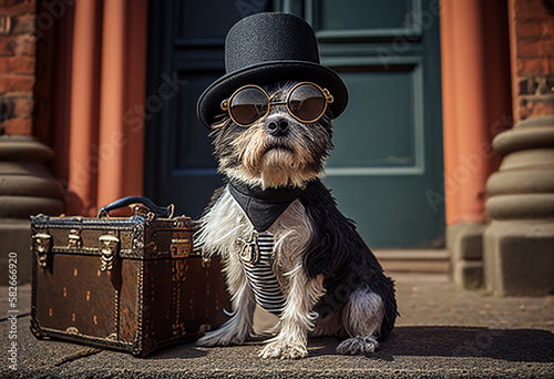 Portret cute little dog in sunglasses  with a suitcase on the background of ancient architecture,  in sun summer day