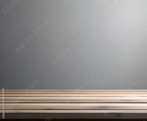 A wooden bench with a light on it and a gray wall behind it.