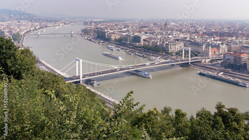 Cityscape panoramic view with Danube river bridges buildings and green forest, Budapest, Hungary