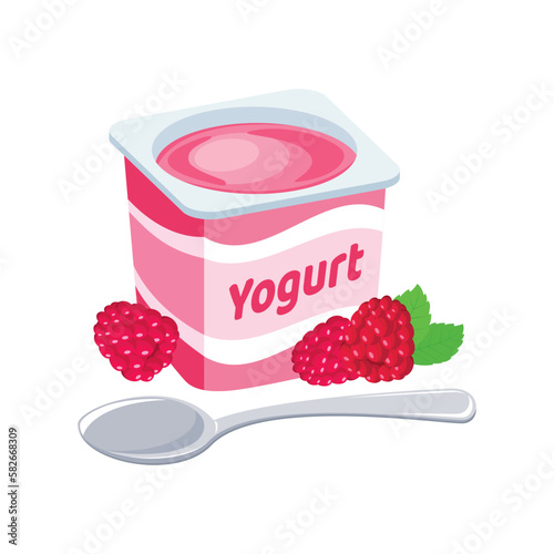 Raspberry yogurt plastic cup icon vector. Fruit yogurt with a spoon graphic design element isolated on a white background. Delicious pink raspberry yoghurt vector illustration