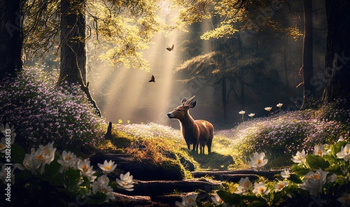 a painting of a deer in a forest with flowers and butterflies.  generative ai