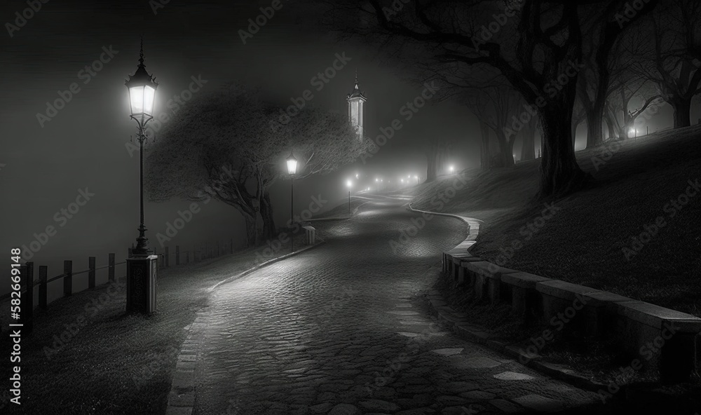  a dark street with a clock tower in the distance at night.  generative ai