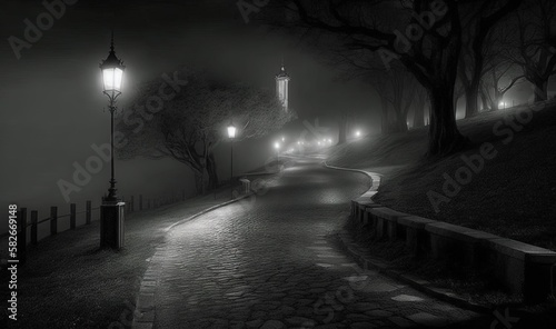  a dark street with a clock tower in the distance at night. generative ai