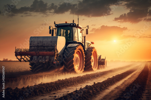 Harvesting Tractor in Action: a powerful harvesting tractor, working hard in the fields during the bountiful harvest season. Ai generated.