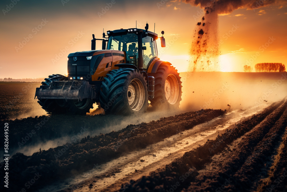 Fototapeta premium Harvesting Tractor in Action: a powerful harvesting tractor, working hard in the fields during the bountiful harvest season. Ai generated.