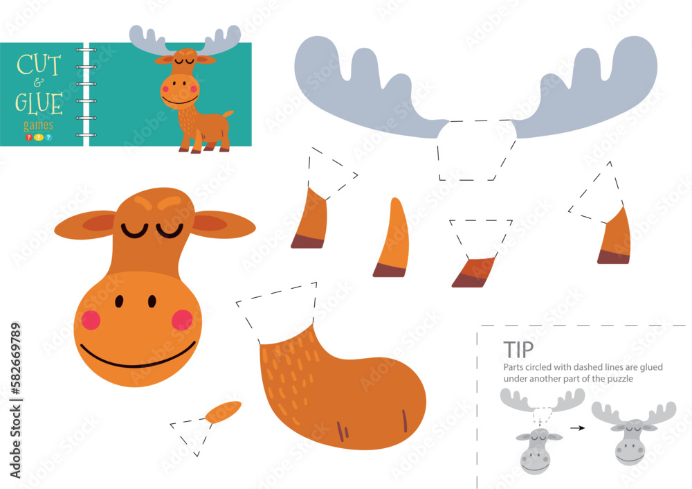 Obraz premium Cut and glue paper toy. Preschool kids vector educational worksheet