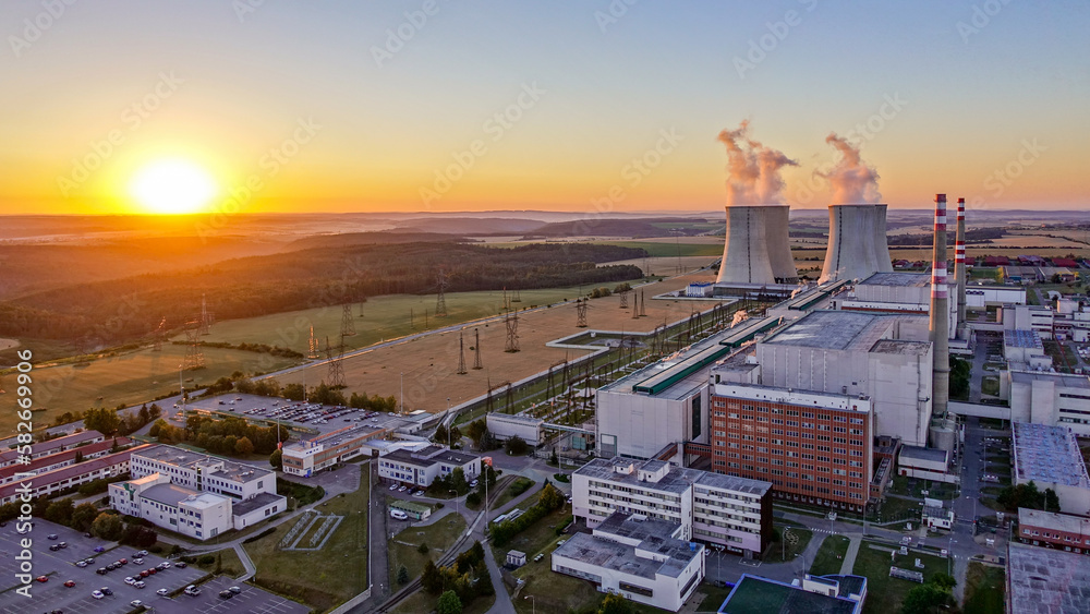 Sunrise over the Dukovany nuclear power plant with cooling towers in the Czech Republic