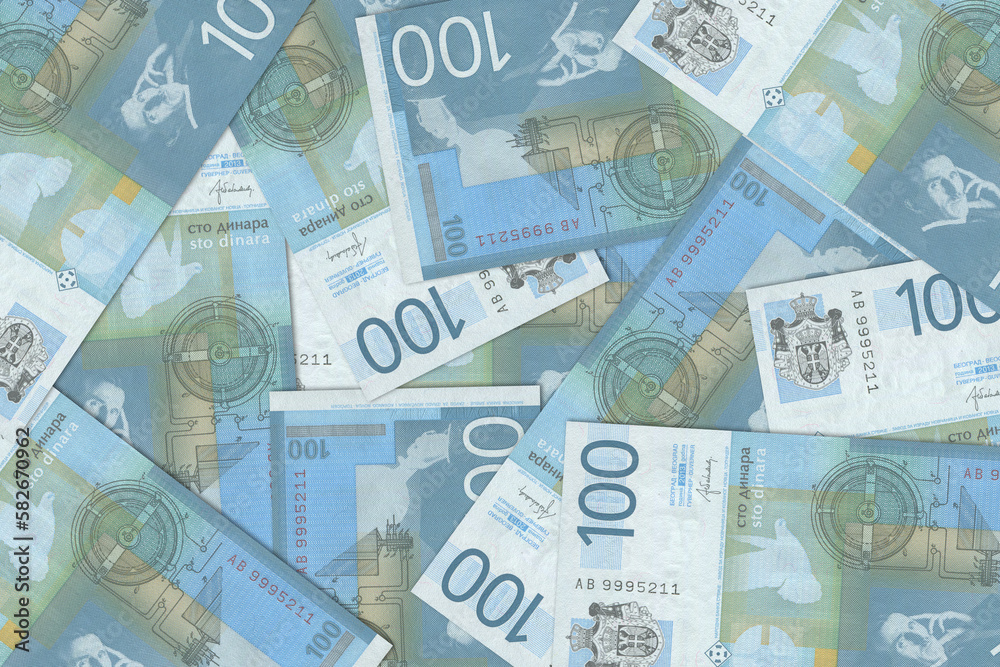 Serbian dinar. Close up money from the Republic of Serbia. Serbian currency.3D render