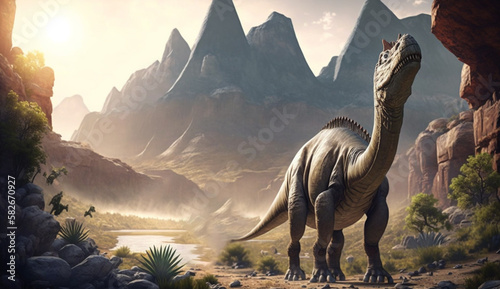 Dinosaurs on the valley 3D render illustration