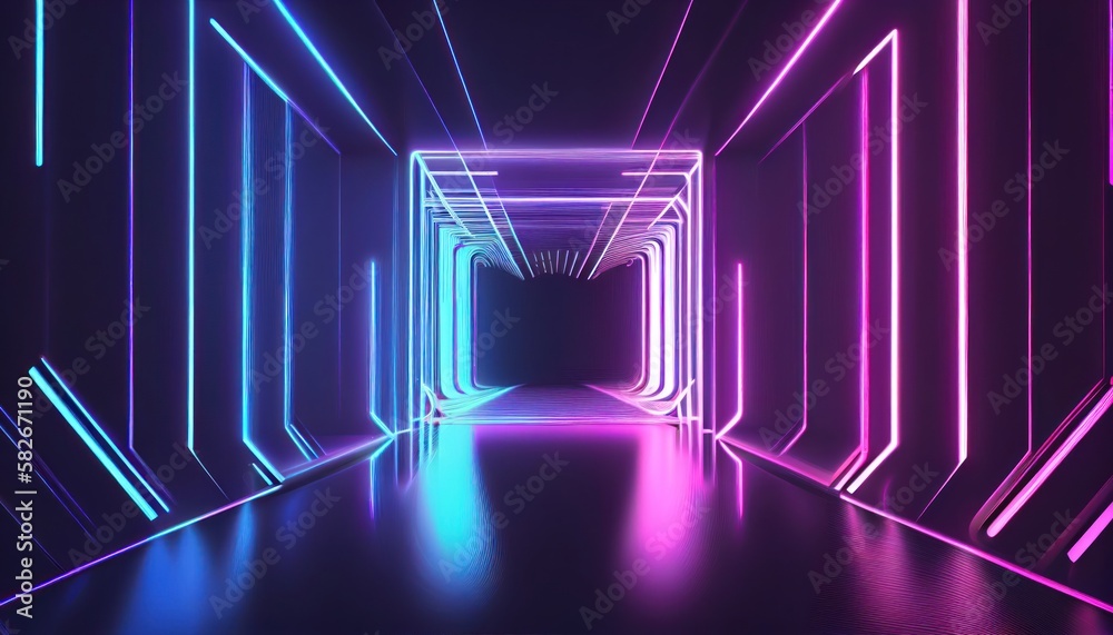 Futuristic illustration about computer technology with a laptop in neon  colors. For cover backgrounds, wallpapers and other modern projects.  Generated with AI Stock Photo
