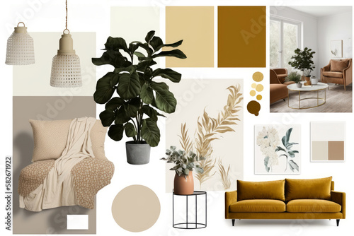 Moodboard warm 90's style living room design interior example.