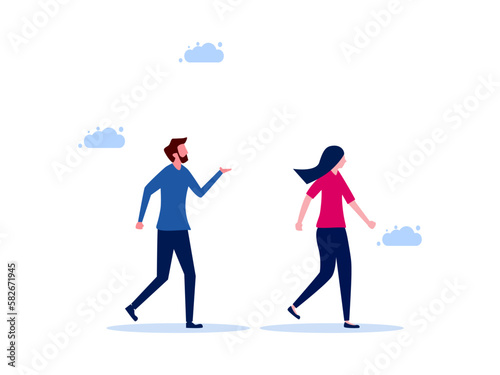 The woman walks away from the interlocutor. Unsuccessful negotiations and distrust vector