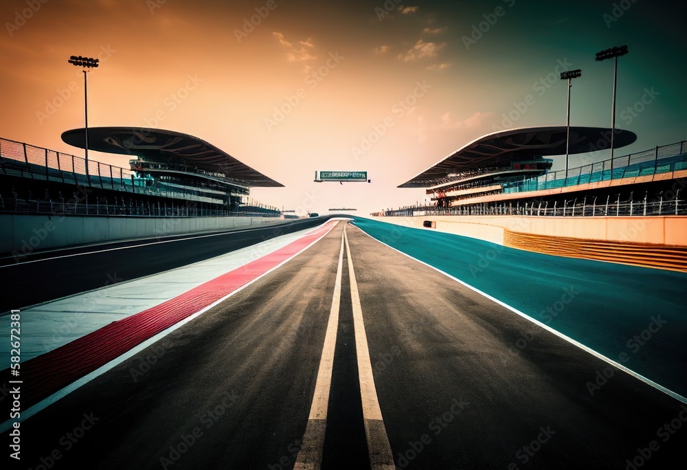 Obraz premium Night Empty Racing track with grandstands and lights. Generative AI.