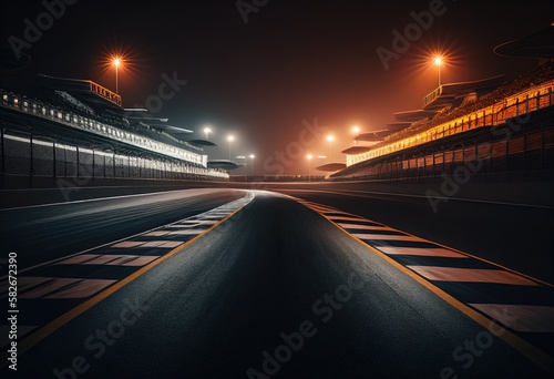 Night Empty Racing track with grandstands and lights. Generative AI.