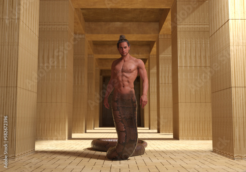3D Render : A human-snake hybrid male creature, half snake half human, fantasy lord male naga character with ancient architecture background, depth of field with focus on character photo