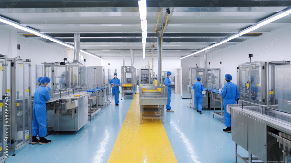 Modern factory, production line, brightly lit, with workers in overalls, ai generative Modern factory, production line, brightly lit, with workers in overalls, ai generative