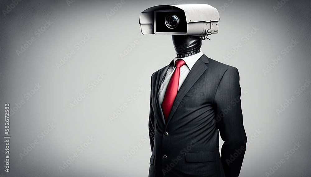 Businessman in suit with CCTV camera head copy space, supervisor monitoring  of employees and subordinate work attitudes surveillance concept, detailed  audit in company for business, generative AI Illustration Stock | Adobe  Stock
