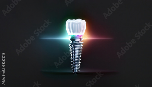 One single dental implant in tooth row jaw colorful neon glowing, dental prosthesis medicine, implant installation operation with attached abutment and artificial dental crown, generative AI photo