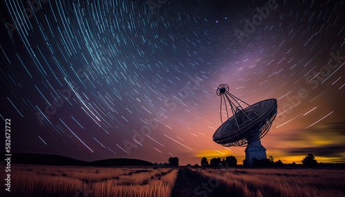 Radio telescope antenna radio receiver on beautiful night sky with star trails copy space, astronomical radio telescope in field detecting radio waves in deep space, radio astronomy, generative AI