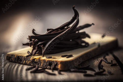 Vanilla Dreamscape: An intricate illustration of luscious vanilla beans on a wooden board. Ai generated. photo