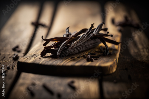 Vanilla Dreamscape: An intricate illustration of luscious vanilla beans on a wooden board. Ai generated.