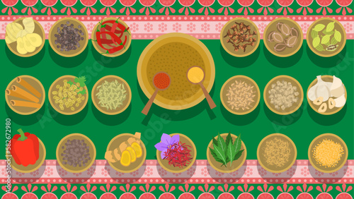 カレースパイスの背景イラスト。インド風の背景。俯瞰図。フラットなベクターイラスト。
Background illustration of curry spices. Indian-style background. Bird’s-eye view. Flat designed vector illustration.