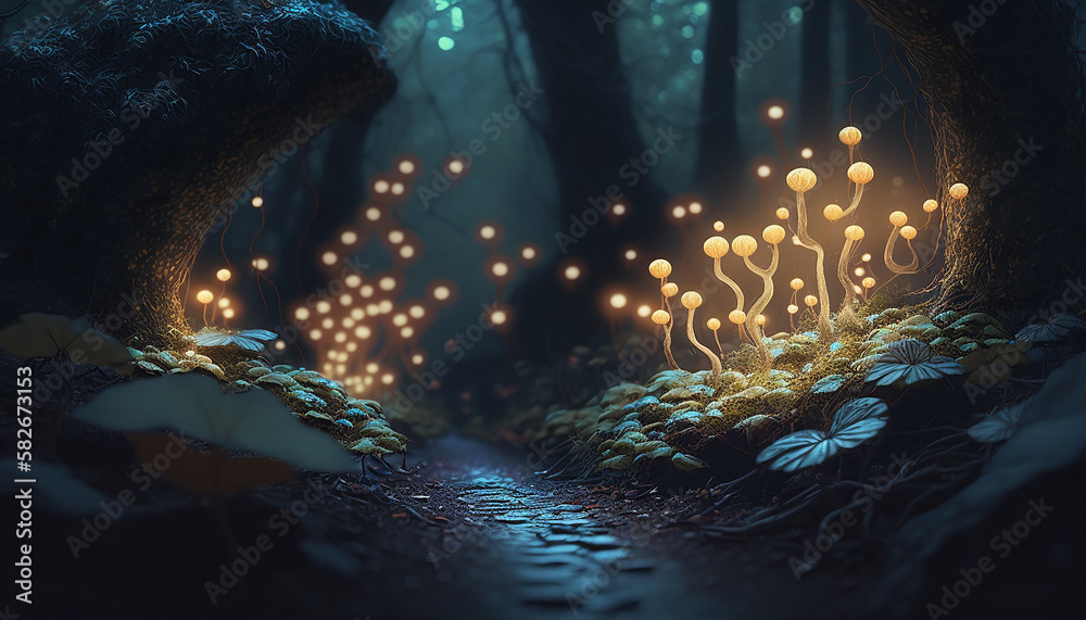 A mystical forest, with twisting vines and glowing mushrooms that illuminate the path Generative AI