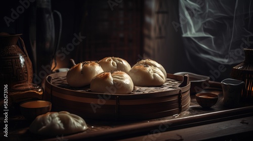 Delicious Baozi, chinese steamed meat bun. Ready to eat on serving plate and bamboo steamer. Close up of this tasty dumpling. Generative AI.