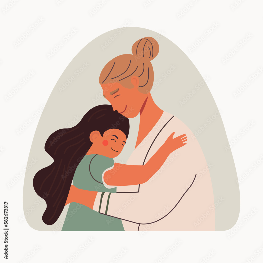 Obraz premium Mother and daughter hugging. Mother's day concept. Happy mother and little girl, child embracing together. Vector illustration