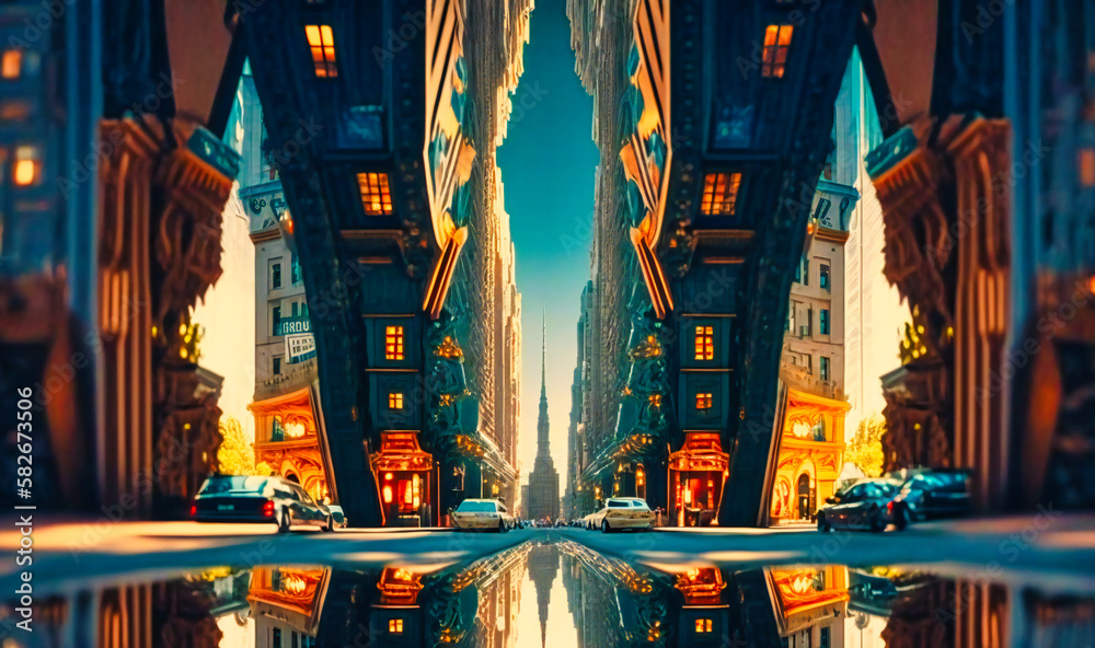 A city where the streets and buildings are all inverted and gravity is reversed