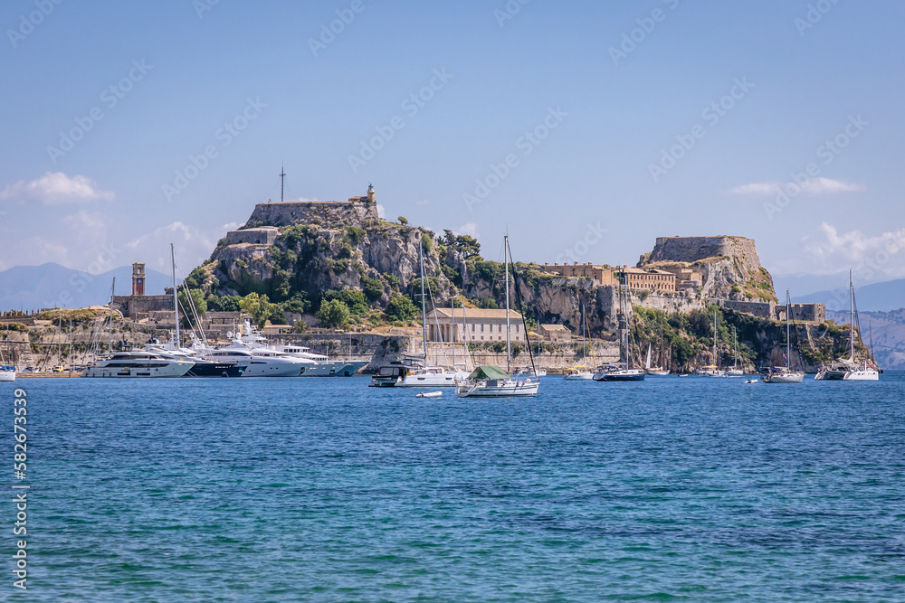 Garitsa Bay and Old Fortress in Corfu town, Corfu Island, Greece