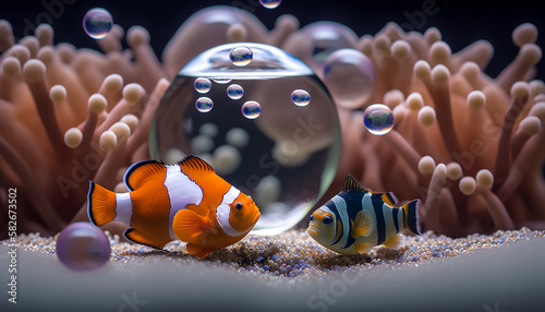 Vászonkép A small aquarium with two clownfish hiding in an anemone, Generative AI