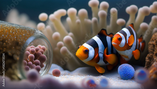 Fényképezés A small aquarium with two clownfish hiding in an anemone, Generative AI