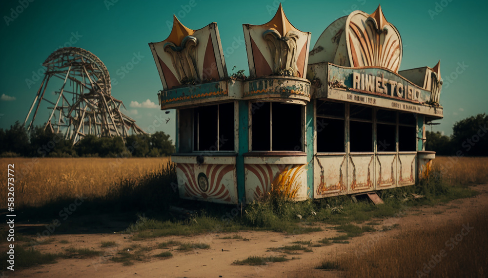 An abandoned carnival, with rusted roller coasters and overturned