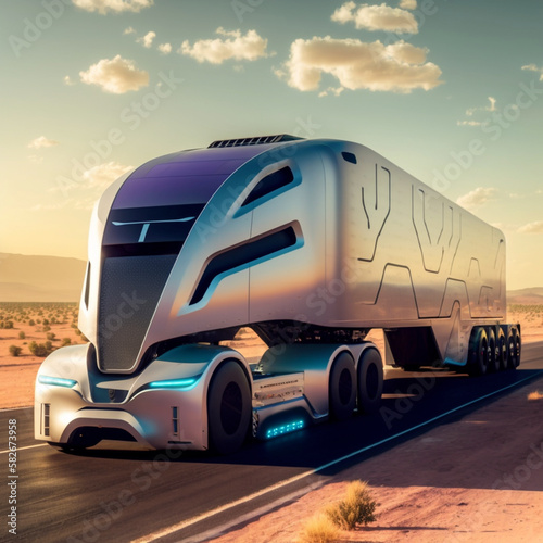 Driverless autonomous truck on the Ai, generative © Abonti