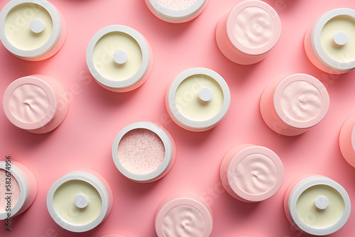 Pattern beauty products skin care cream and moisturizing anti-aging cream can top closeup view on pink background, health and beauty concepts. Copy space, template. Generative AI.