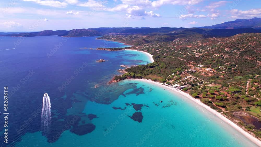 Best beaches of Corsica island. Aerial drone video of three beaches near Porto Vecchio - Palombaggia, Tamaricciu, Folaca with turquoise sea and white sand