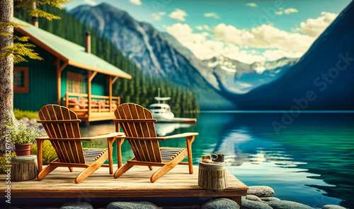 A serene lakeside with a dock, Adirondack chairs, and a scenic mountain backdrop © Nilima