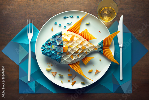 Fish in origami technique served on a blue plate. Blue pastel background. Seafood concept, top view. Generative AI photo