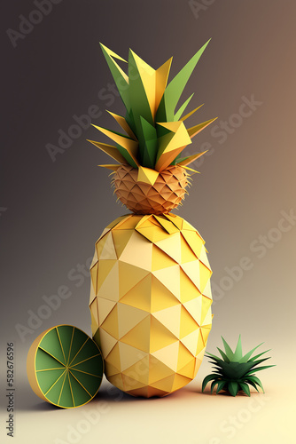 Pineapple on the yellow pastel background, colorblocks technique, handmade of colorful paper. Generative AI photo