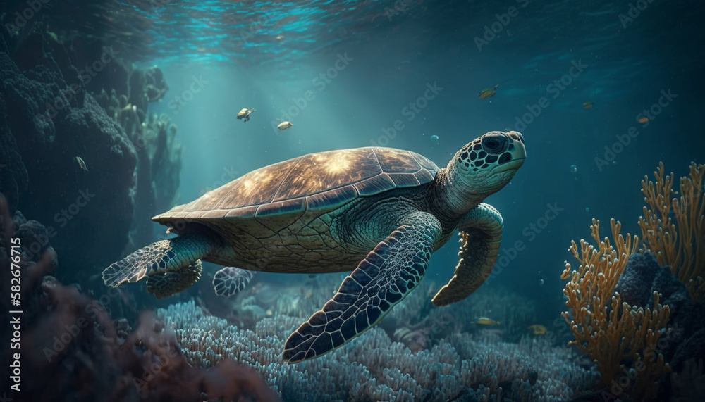 Sea turtle swimming underwater in blue ocean water Ai, generative