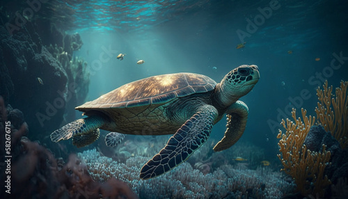 Sea turtle swimming underwater in blue ocean water Ai, generative