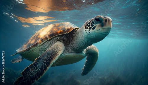 Sea turtle swimming underwater in blue ocean water Ai, generative © Abonti