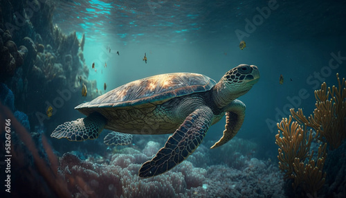 Sea turtle swimming underwater in blue ocean water Ai, generative © Abonti