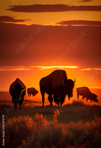 A herd of bison grazes on the prairie at sunset. AI generated