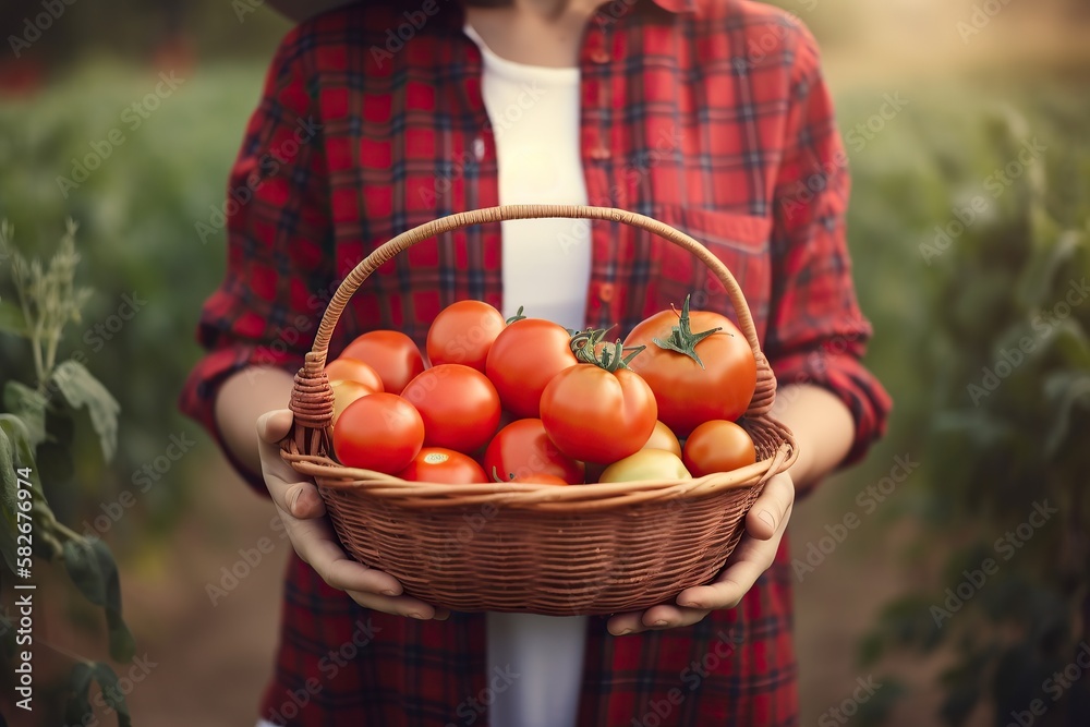 eine Frau trägt einen Korb mit Tomaten vor sich
