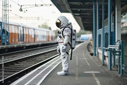 Ein Astronaut steht am Bahnsteig und wartet auf den Zug photo