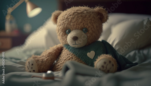 Teddy bear with bandage laying in bed Ai, generative